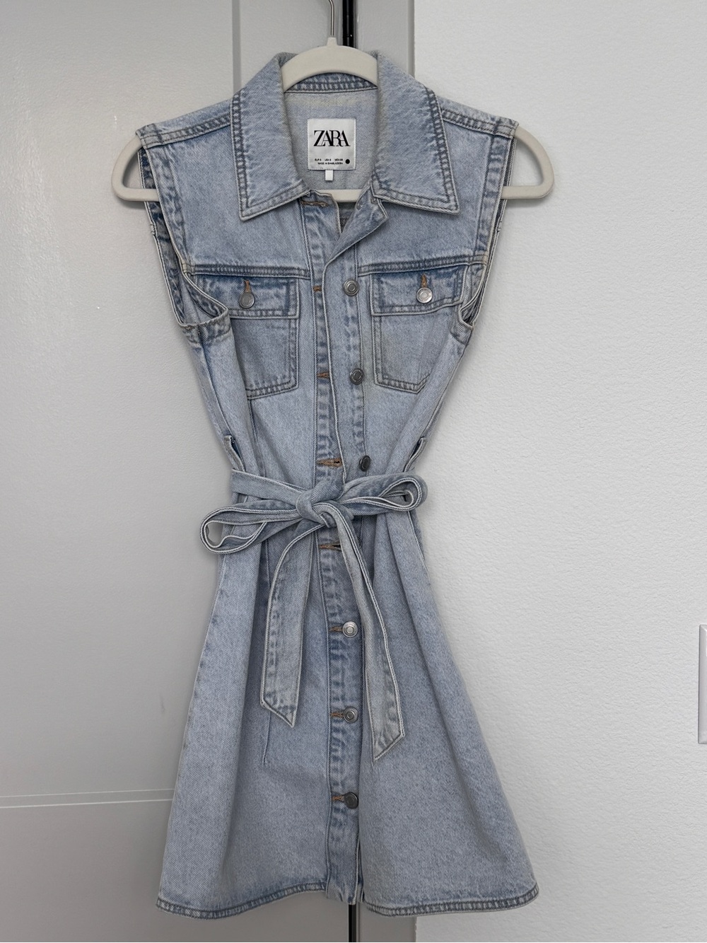 ZARA Light Blue Sleeveless Denim Shirt Dress with Tie